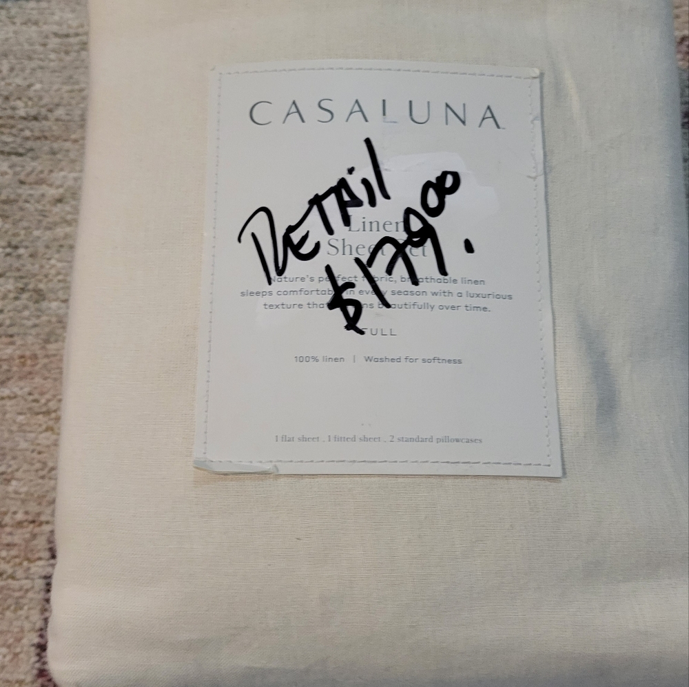 Casaluna 100% Washed Linen Solid Sheet Set -New- Full Size
